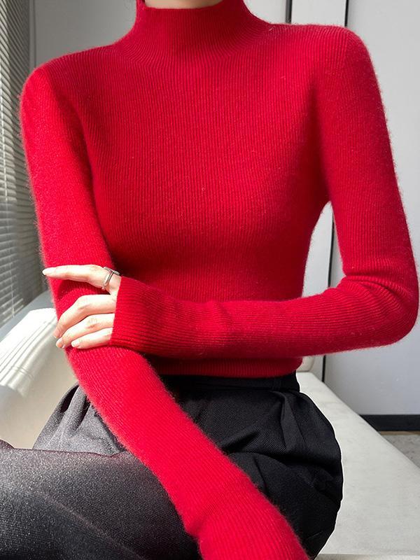Casual Skinny Long Sleeves Solid Color Half Turtleneck Sweater Tops Product Image