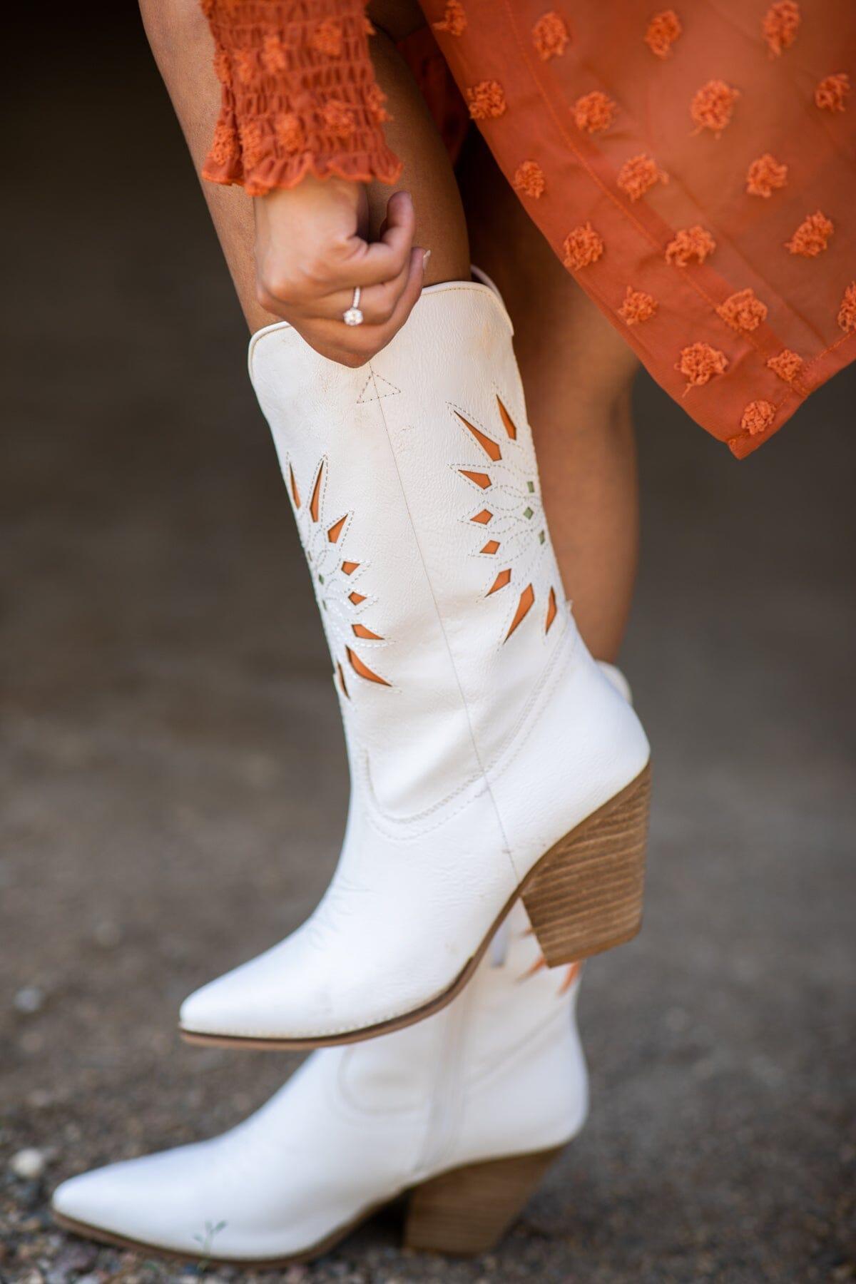 White Laser Cut Sunburst Detail Western Boots Product Image