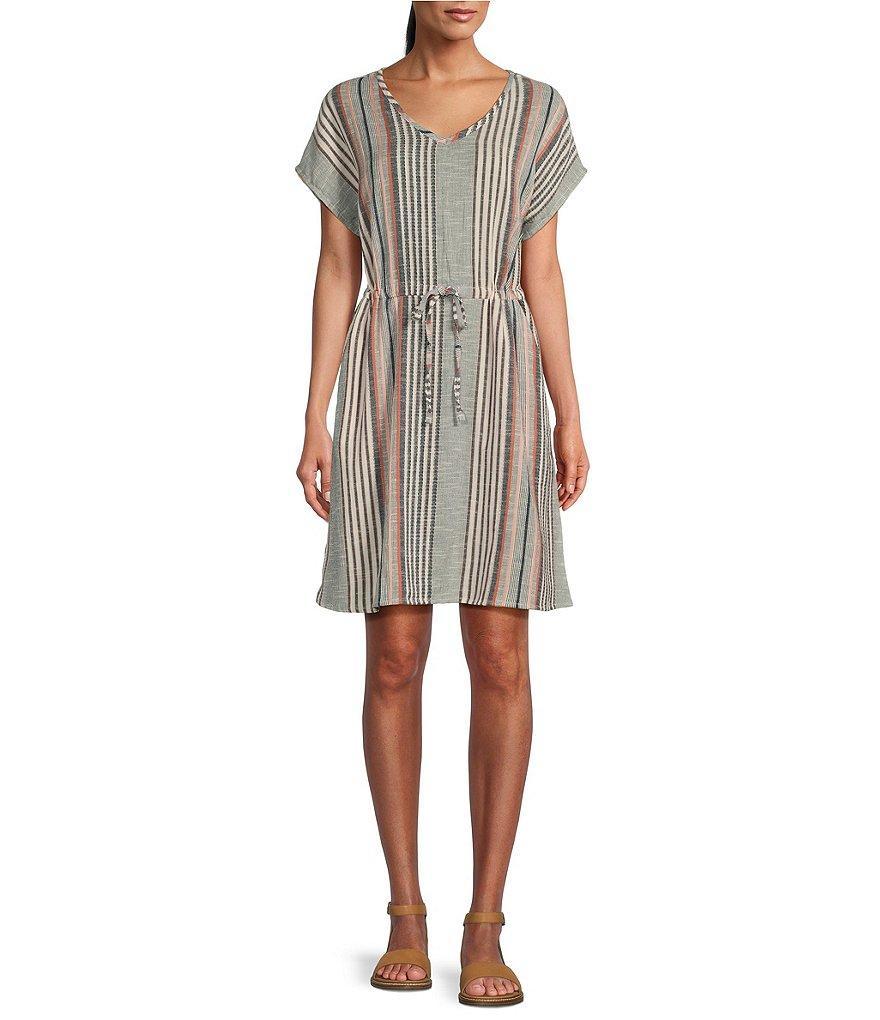 Aventura Selma Woven Organic Cotton Stripe Print V-Neck Short Dolman Sleeve Drawcord Waist Dress Product Image