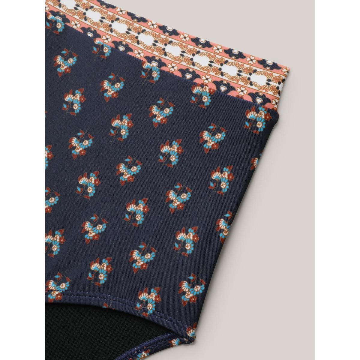 Plus Size Boho Print Surplice Neck Contrast Swim Dress Women's Swimwear DarkBlue Resort Bodycon Overlap Collar High stretch Curve Swim Dresses BloomChic 12/L Product Image