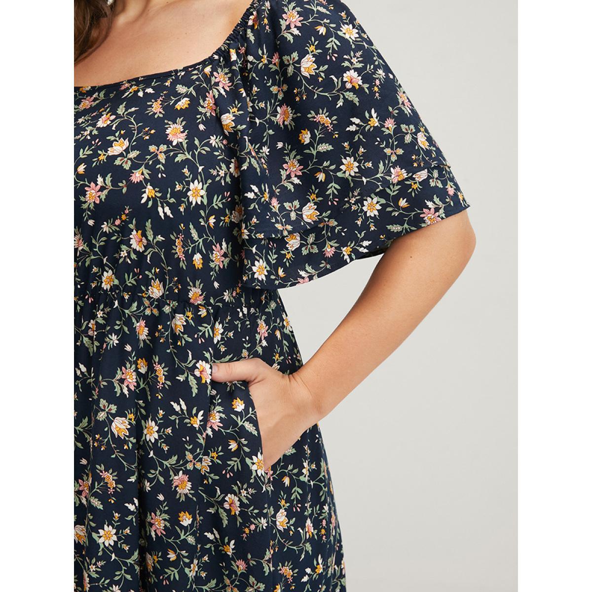 Plus Size Floral Pocket Ruffles Square Neck Midi Dress DarkBlue Women Elegant Elastic Waist Square Neck Short sleeve Curvy Midi Dress BloomChic 22-24/3X Product Image