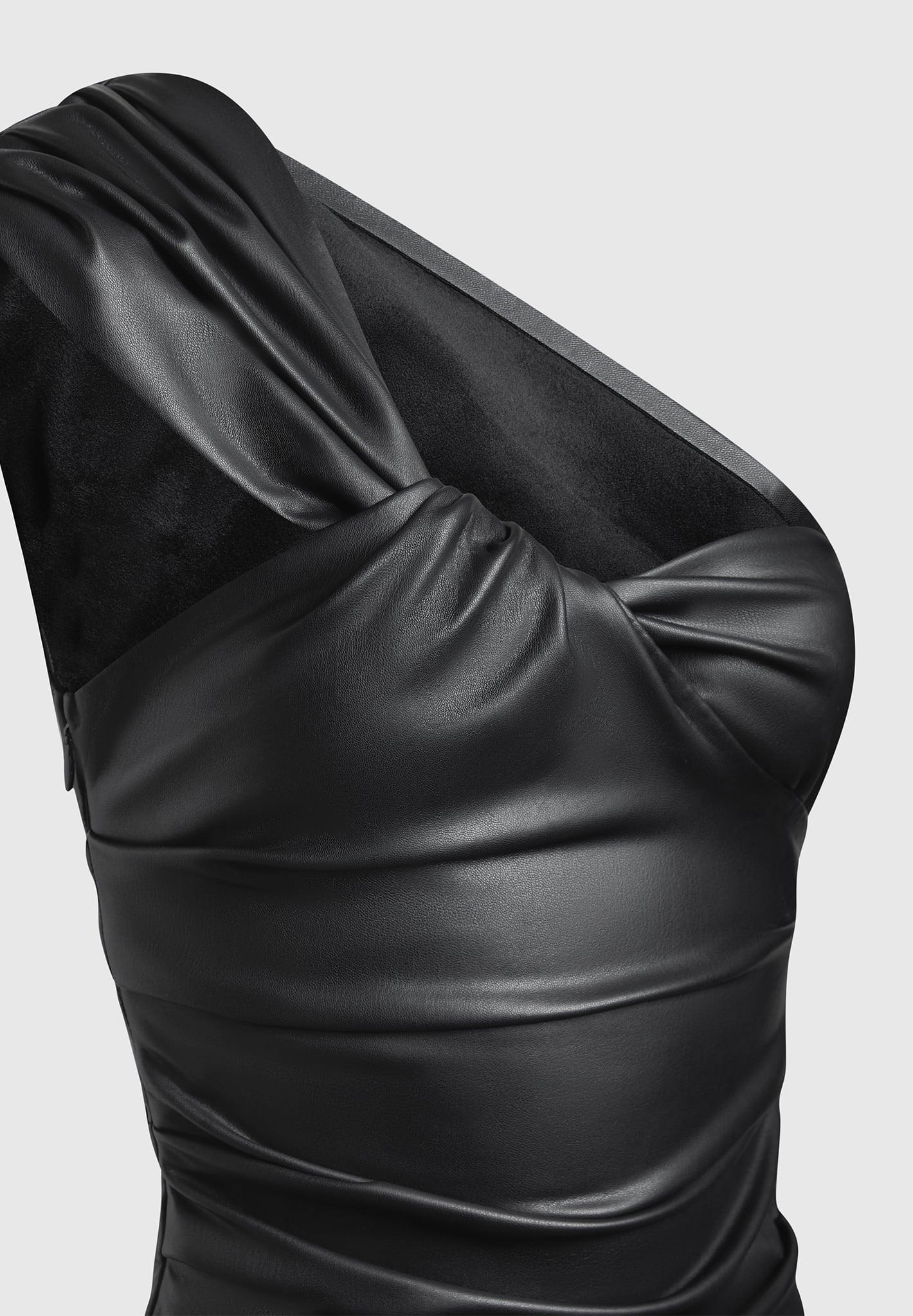 Leather Gathered Bodysuit with Sleeves - Black Female Product Image