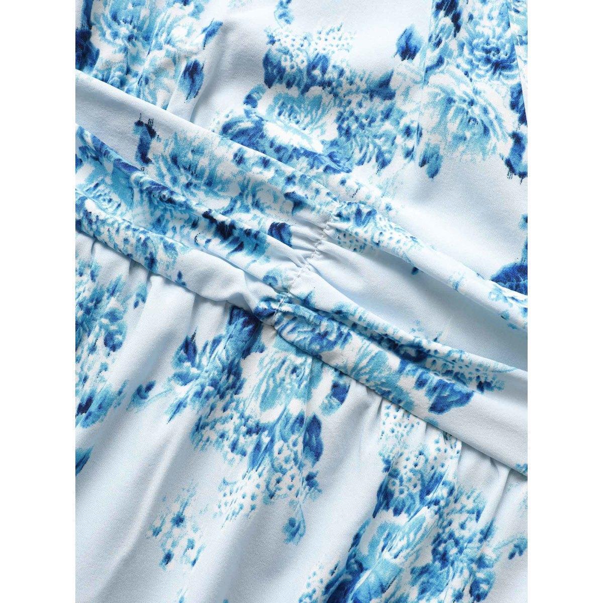 Plus Size Overlap Collar Floral Sleeveless Ruched Dress LightBlue Women Elegant Gathered Overlap Collar Sleeveless Curvy Midi Dress BloomChic 14-16/1X Product Image