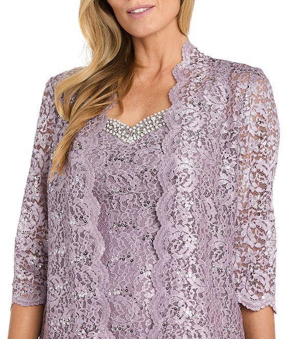 R & M Richards 2-Piece Scalloped Glitter Lace Beaded V-Neck Jacket Dress Product Image