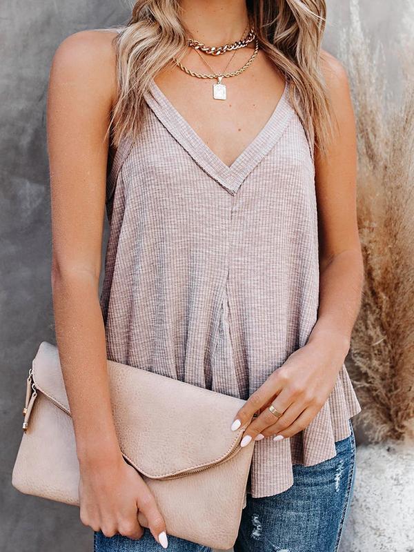 Loose Sleeveless Pleated Solid Color V-Neck Vest Top Product Image