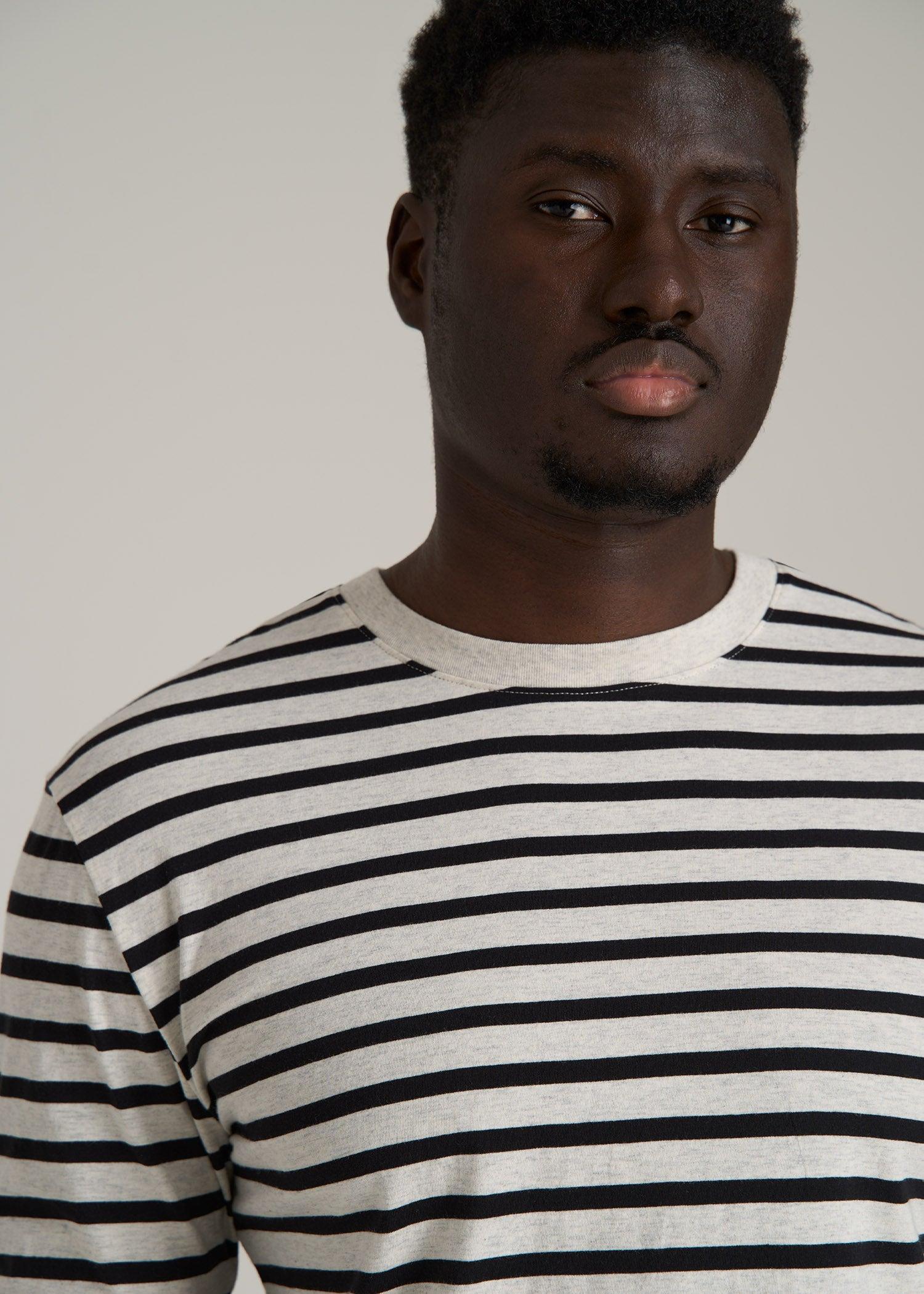 Long Sleeve Striped Tee for Tall Men in Beige Heather and Black Stripe Male Product Image