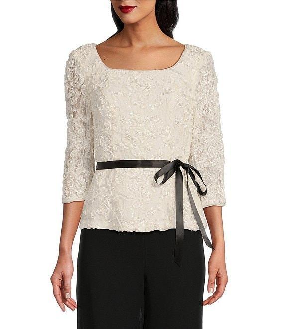 Alex Evenings Square Neck 3/4 Sleeve Tie Sash Soutache Blouse Product Image