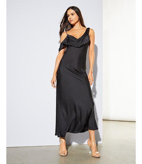 Gianni Bini Maeve Satin Asymmetrical Neck A-Line Dress Product Image