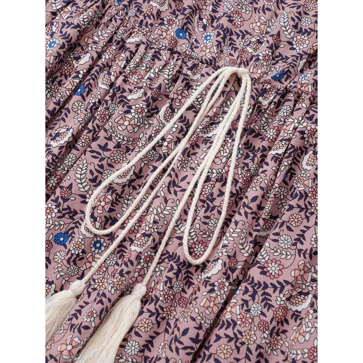 Plus Size Boho Print Notched Ties Tassel Trim Dress DustyPink Women Boho Non Flat collar with V-notch Short sleeve Curvy BloomChic 28/5X Product Image