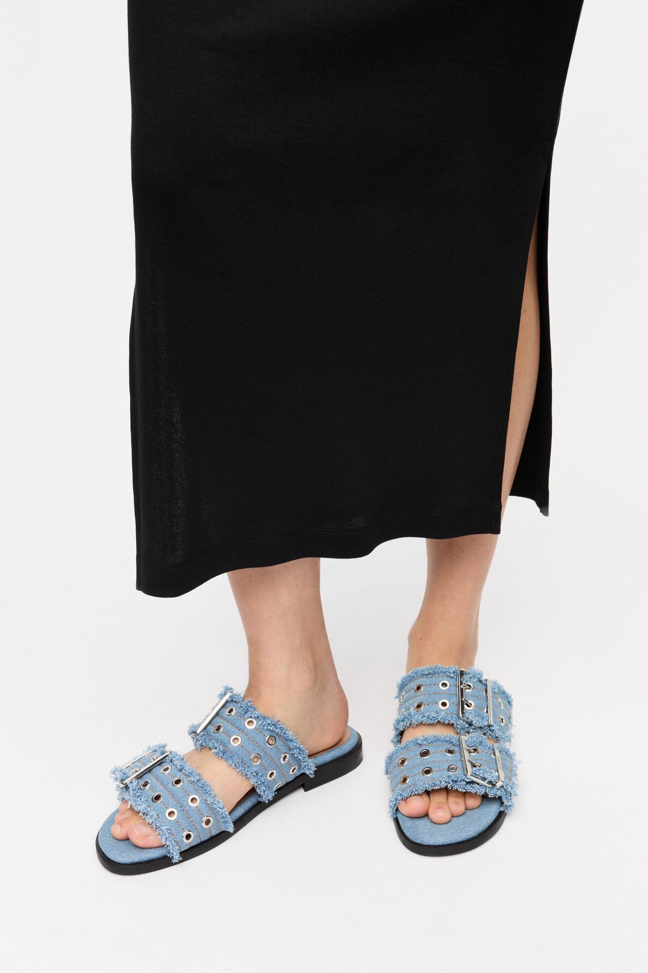 Blue Denim Feminine Buckle Two-Strap Sandals Product Image