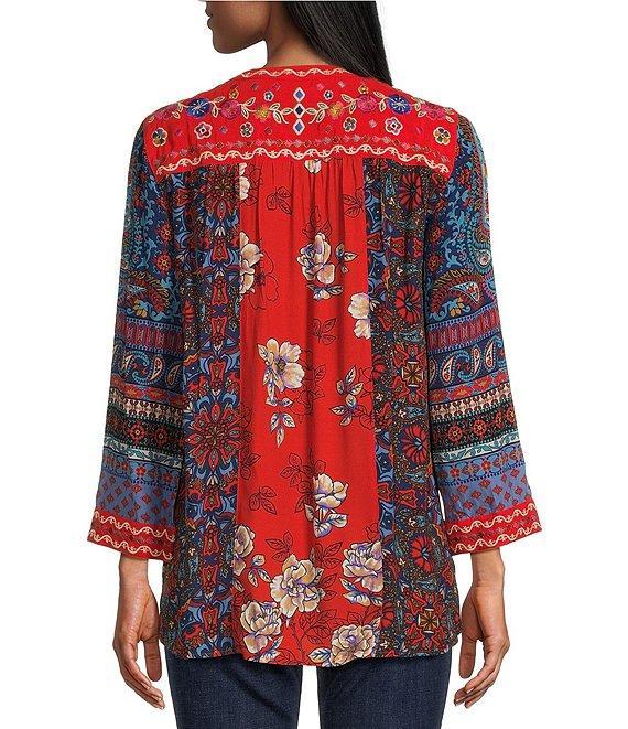 John Mark Embroidered Tie Front V-Neck 3/4 Sleeve Tunic Product Image