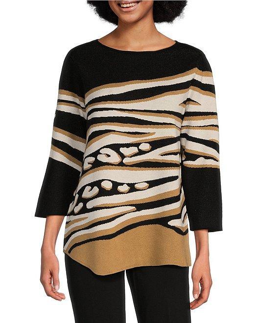 Ali Miles Zebra Print Round Neck 3/4 Sleeve Asymmetrical Sweater Product Image