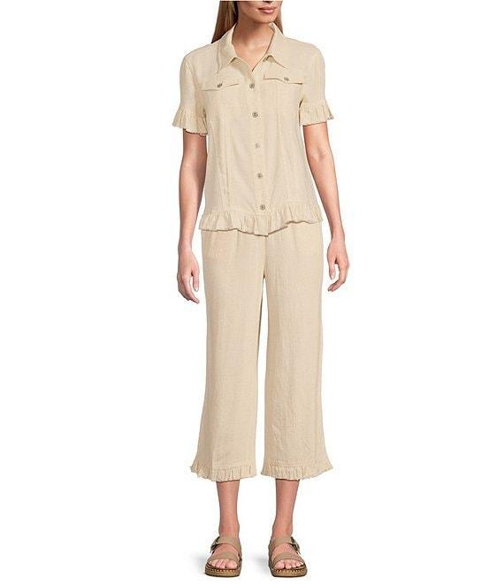 Multiples Textured Slub Woven Point Collar Short Sleeve Ruffle Detail Fitted Button Front Jean Jacket Product Image