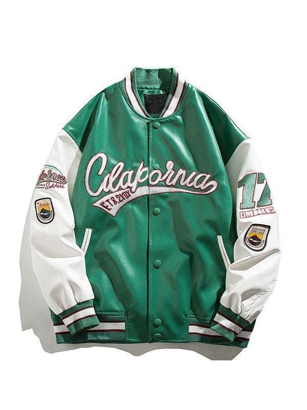 Men's Embroidered Pu Leather Varsity Jacket Product Image