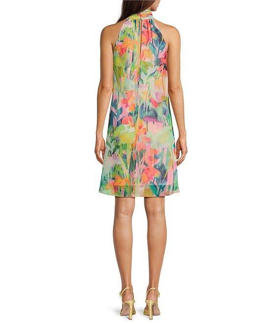 Adrianna Papell Chiffon Floral Print Halter Neck Sleeveless Shift Mini Dress Product Image