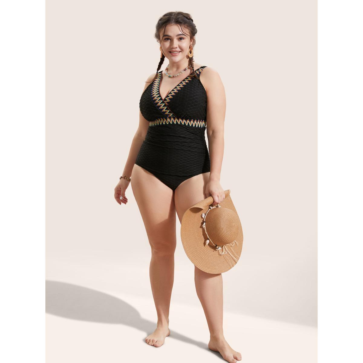 Plus Size Contrast Webbing Wrap One Piece Swimsuit Women's Swimwear Black Beach Woven ribbon&lace trim Curve Bathing Suits High stretch One Pieces BloomChic 22-24/3X Product Image