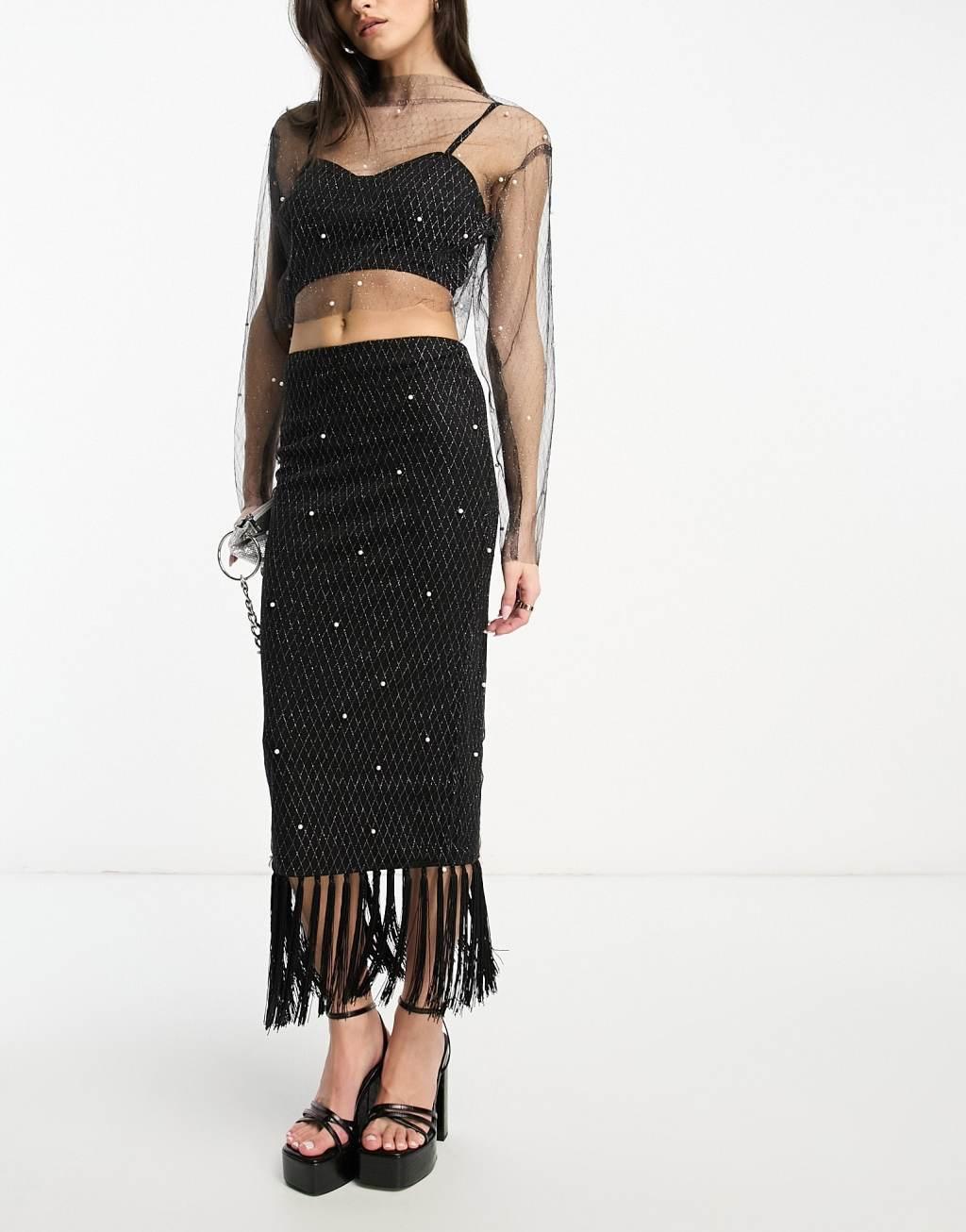 Extro & Vert Premium maxi skirt with pearl embellished layer & fringe Product Image