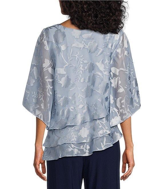 Alex Evenings 3/4 Illusion Sleeve Crew Neck Asymmetrical Triple Tier Hem Printed Chiffon Blouse Product Image