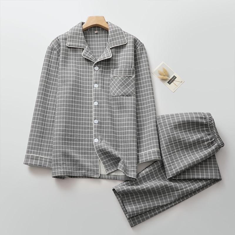 Couple Matching Pajama Set: Long Sleeve Collared Plaid Shirt + Elastic Waist Straight Leg Pants (Various Designs) Product Image