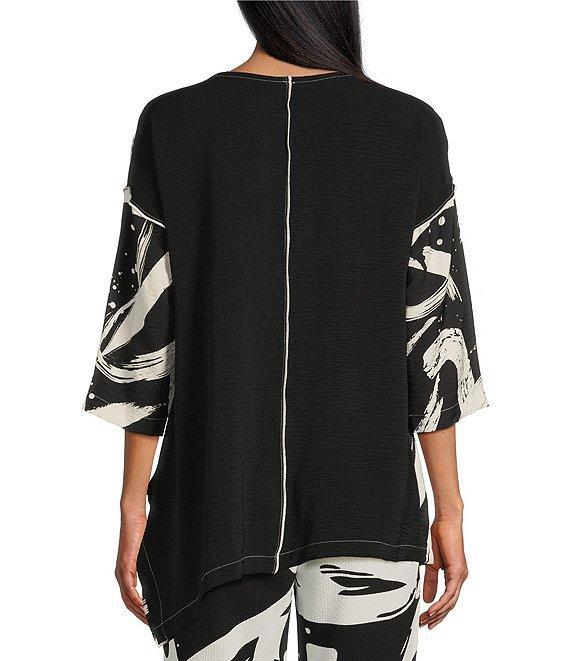 IC Collection Woven Abstract Print Boat Neck 3/4 Sleeve Asymmetrical Tunic Product Image