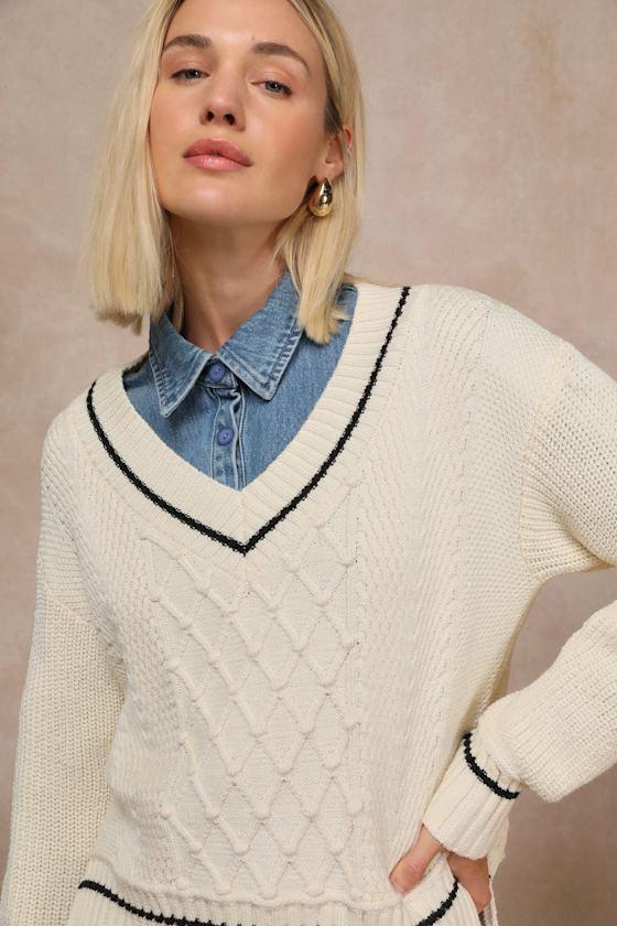 Notably Comfy Ivory V-Neck Sweater Product Image