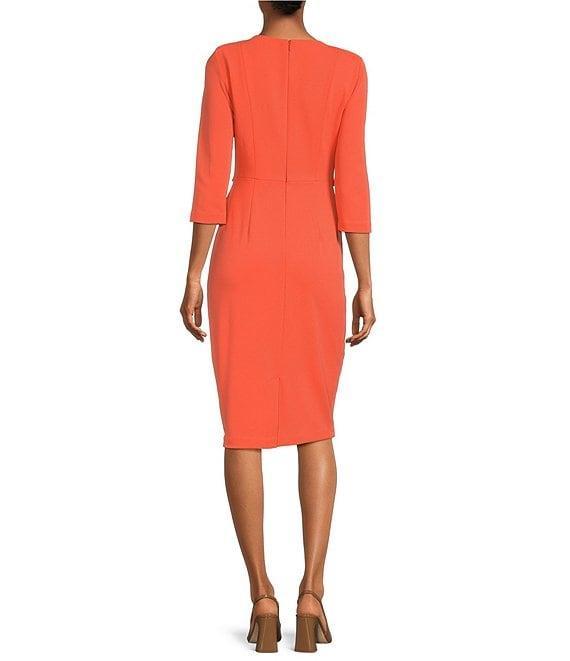 Adrianna Papell Stretch Crepe Crew Neck Tie Waist 3/4 Sleeve Midi Sheath Dress Product Image