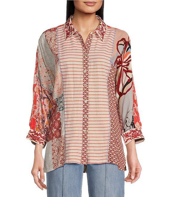 John Mark Yarn Dyed Patch Print Point Collar 3/4 Dolman Sleeve Button Front Top Product Image