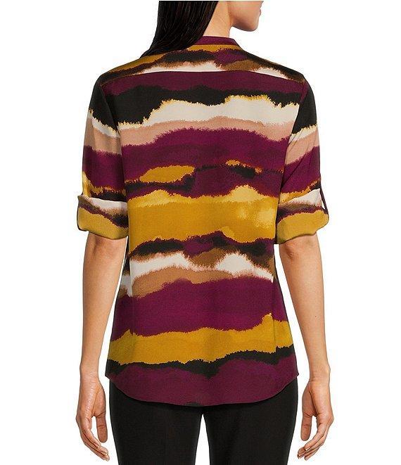 Calvin Klein Abstract Printed Split V Neckline Roll Tab Long Sleeve Blouse Product Image