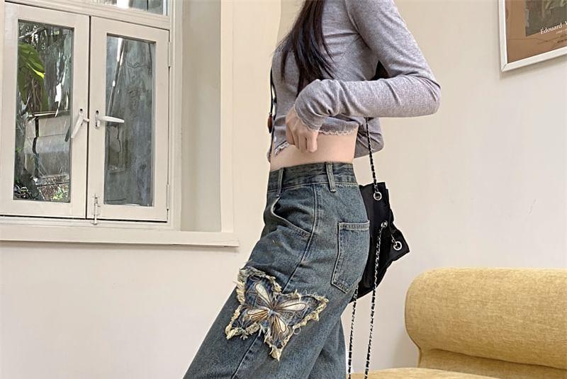 Mid Waist Butterfly Applique Washed Wide Leg Jeans Product Image