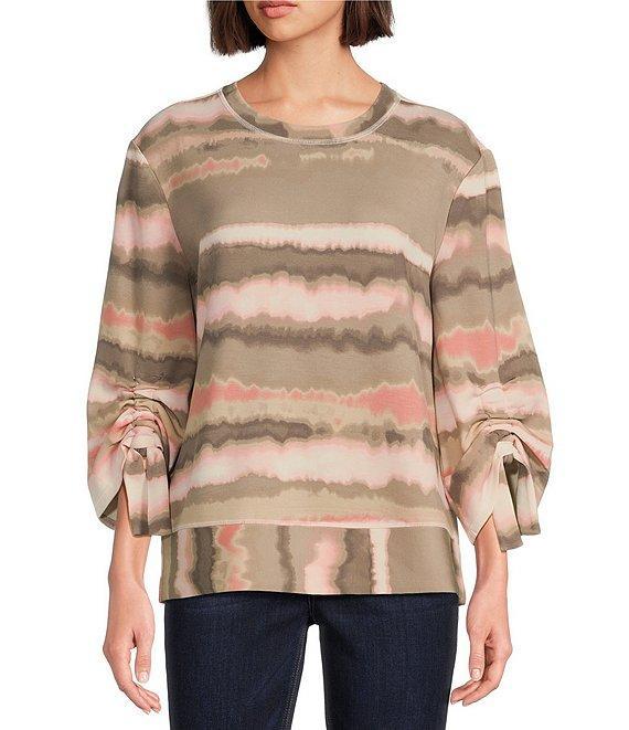 Westbound Petite Size Printed Ruched Sleeve Crew Neck Top Product Image