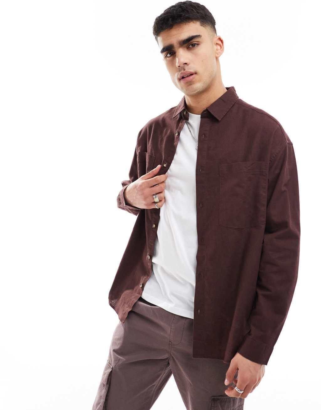 ASOS DESIGN 90s oversized linen blend shirt with square collar in brown Product Image