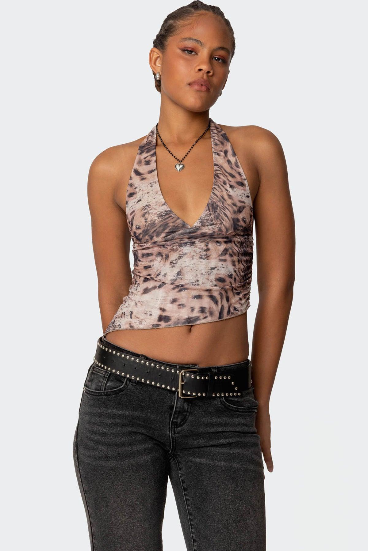 Leopard Mesh Asymmetric Halter Top Product Image