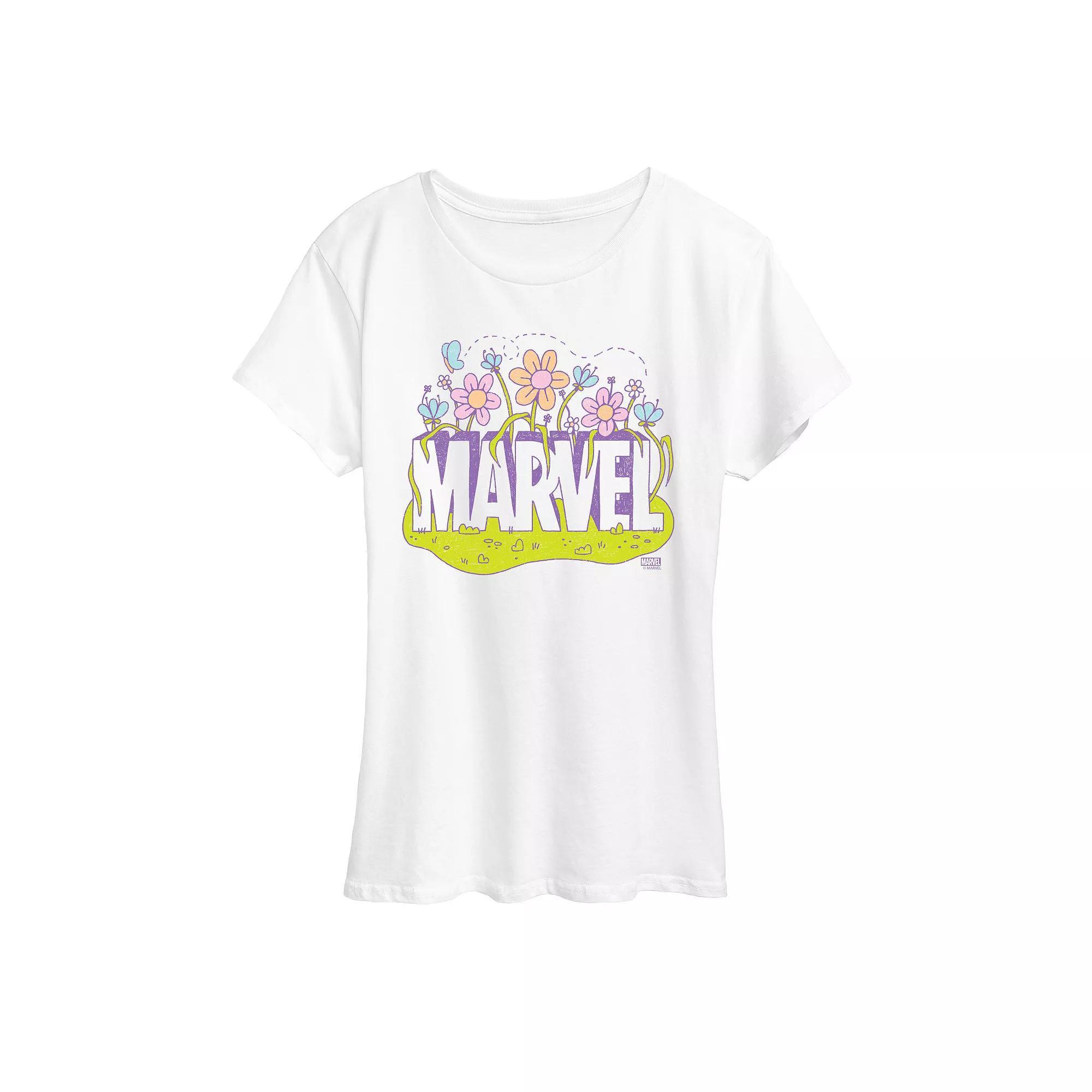 Women's Marvel Logo Flowers Graphic Tee,  Product Image