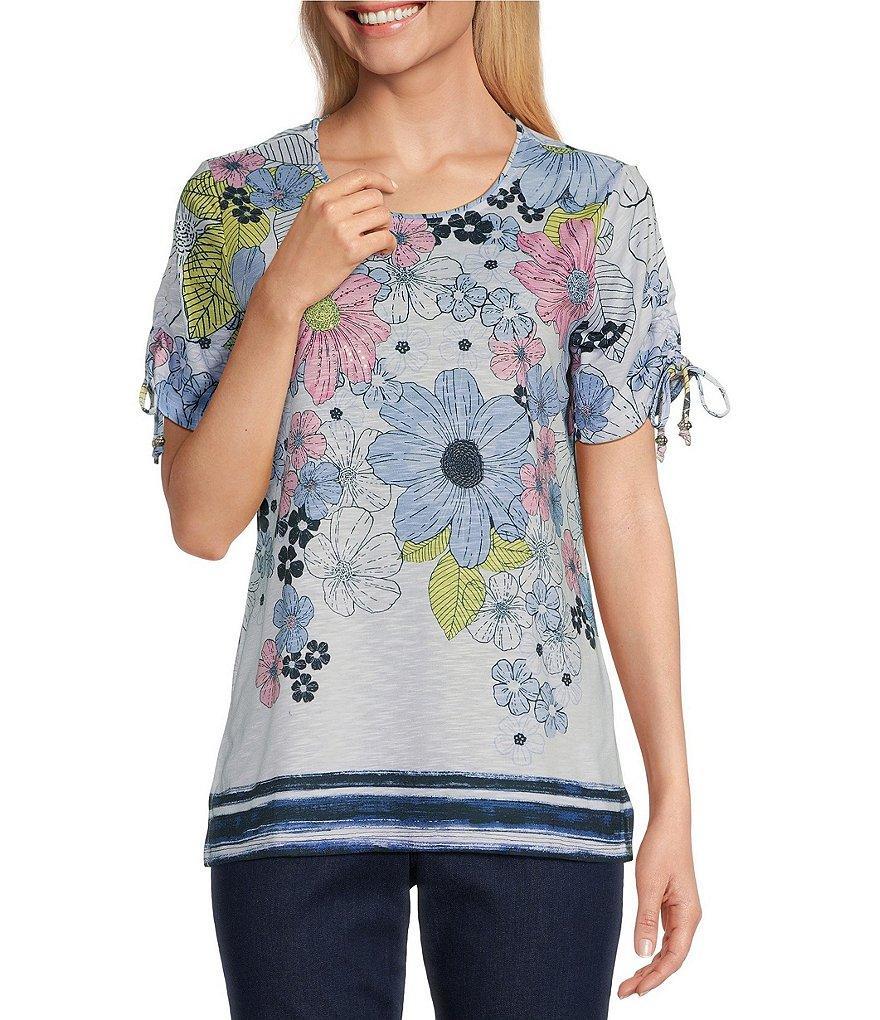 Allison Daley Petite Size Daisy Cascade Border Print Short Ruched Tie Sleeve Crew Neck Knit Top Product Image