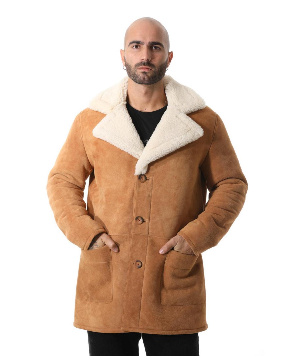 Furniq Uk Mens Sheepskin Trench Coat with White Curly Wool - Tan Product Image