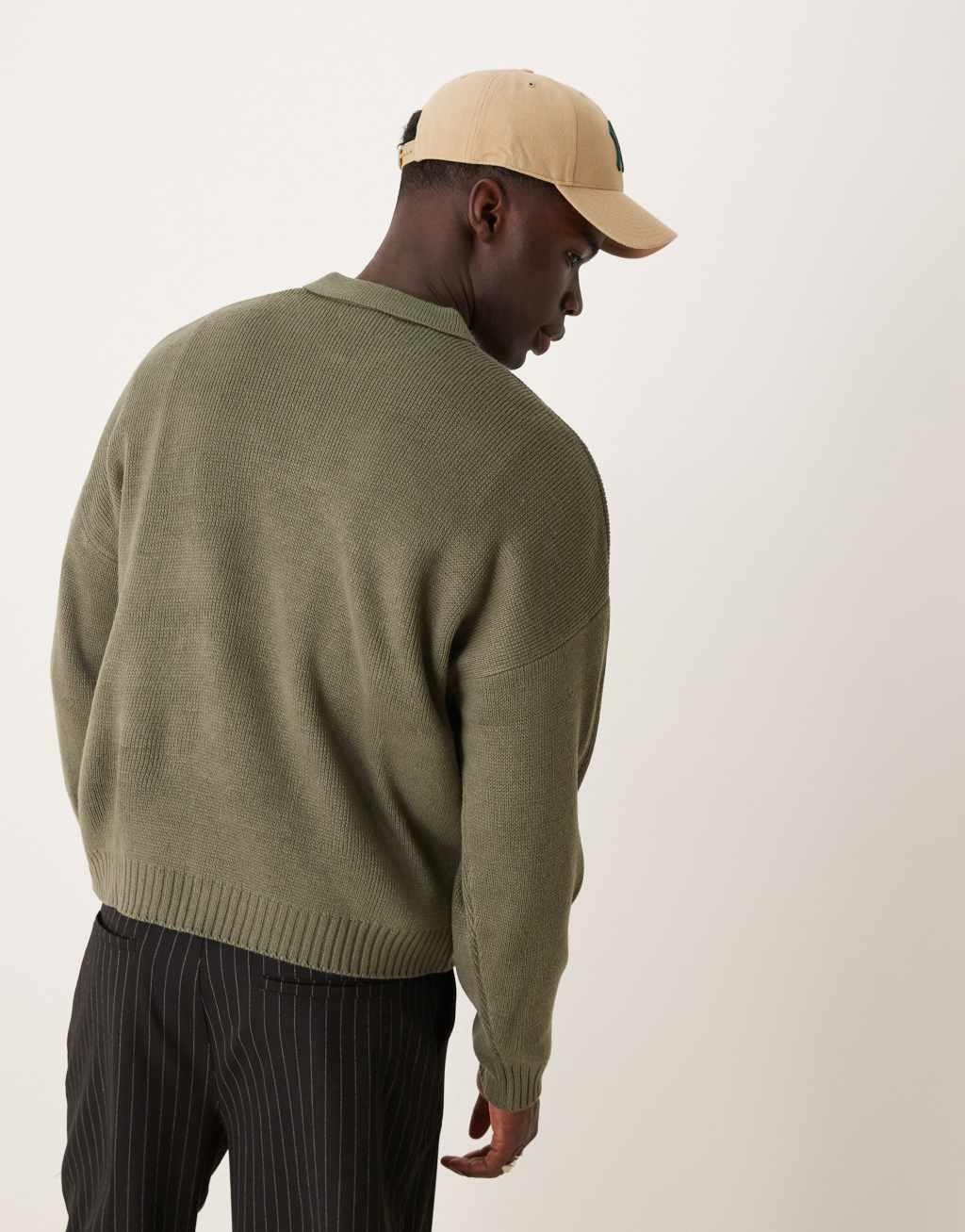 ASOS DESIGN oversized boxy fit knitted polo sweater with quarter zip in khaki Product Image