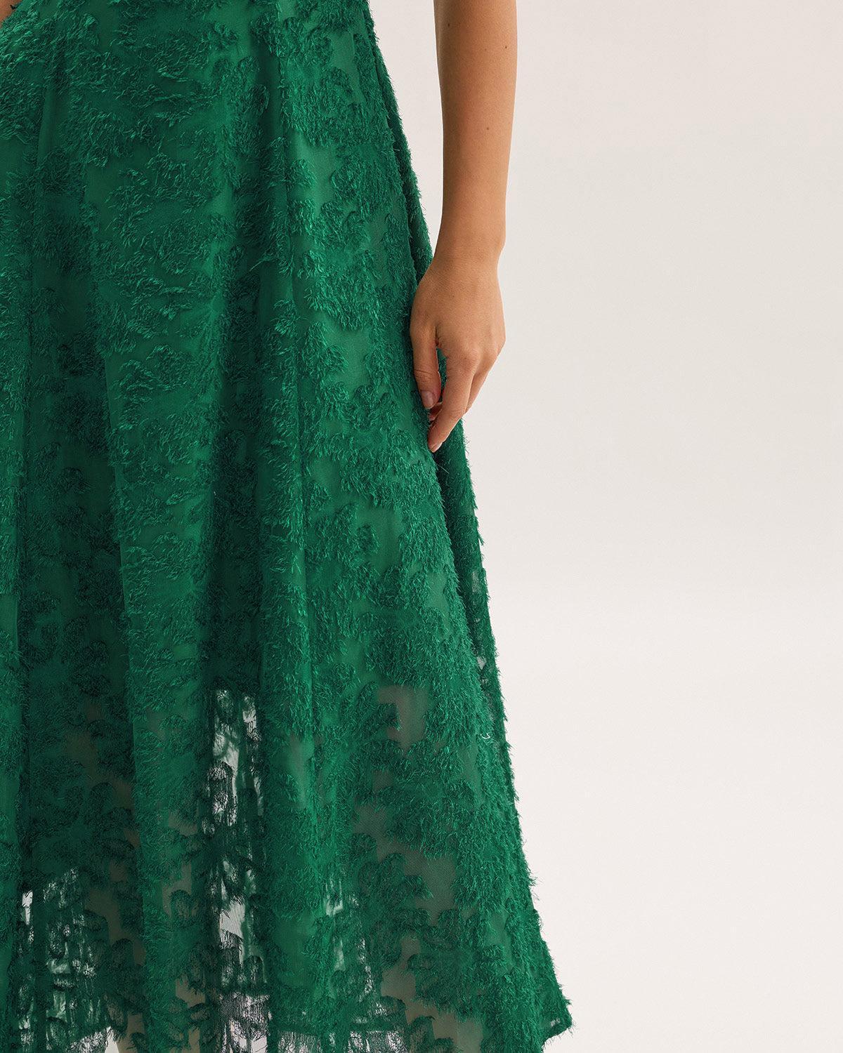 Green Floral Shirred Slip Midi Dress Product Image