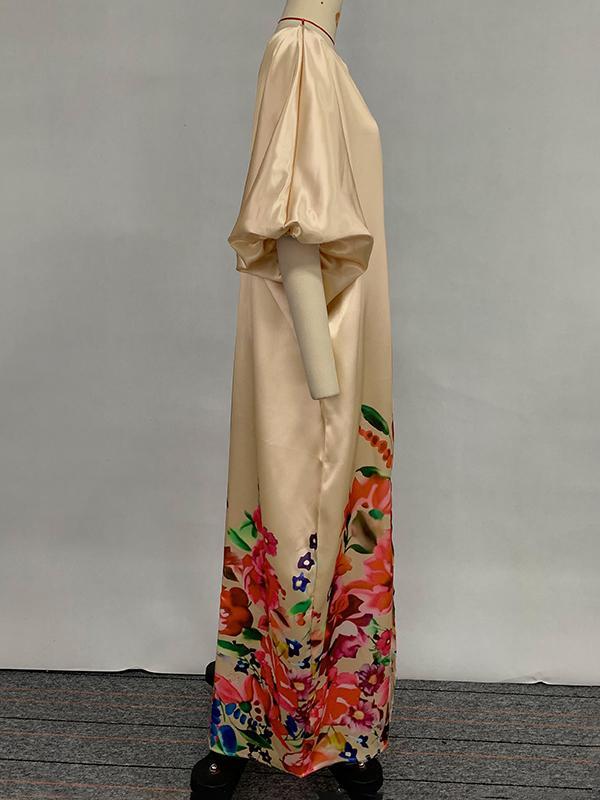 A-Line Half Sleeves Elasticity Flower Print Split-Front V-Neck Maxi Dresses Product Image