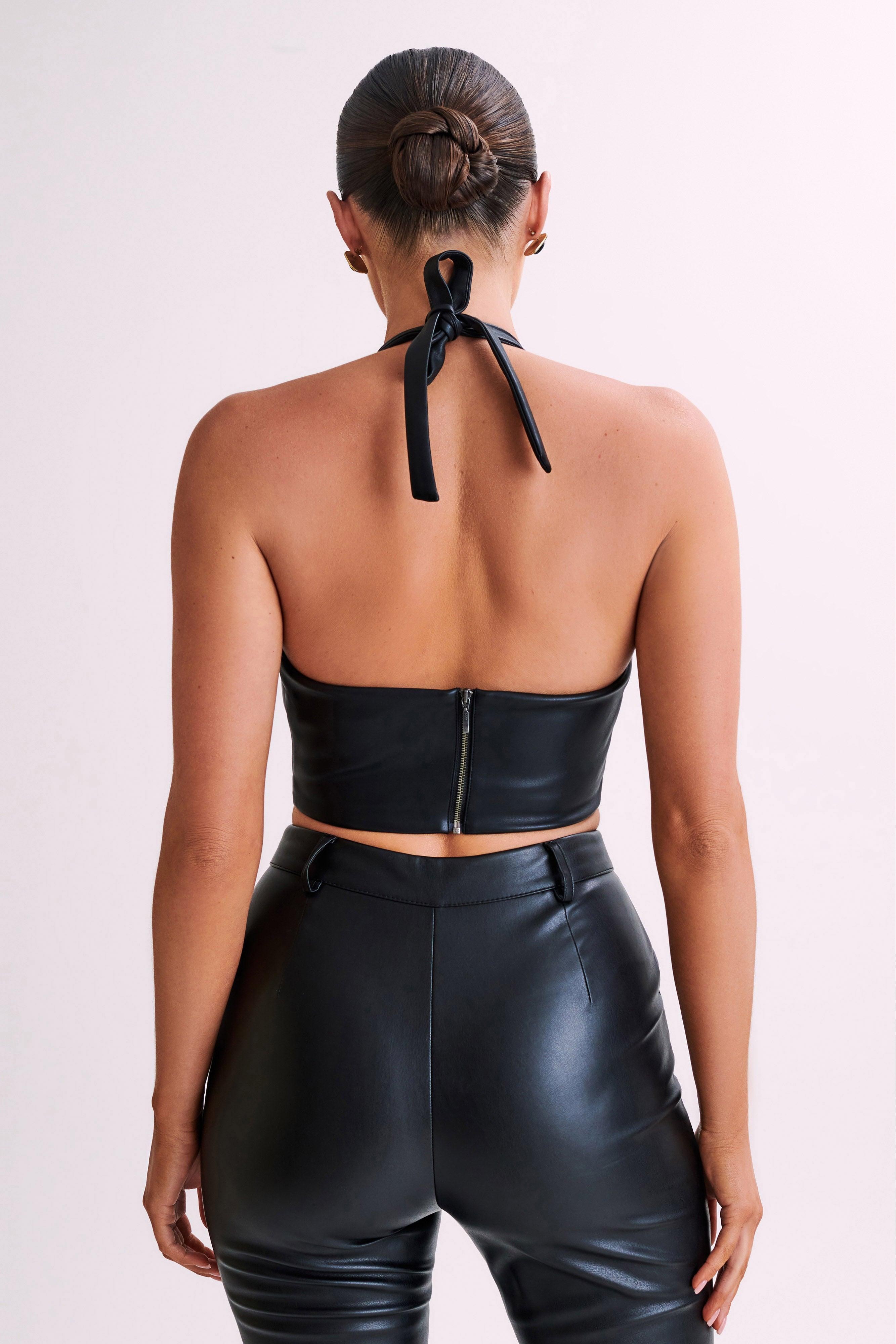 Ursla Faux Leather Rose Halter Top - Black Product Image