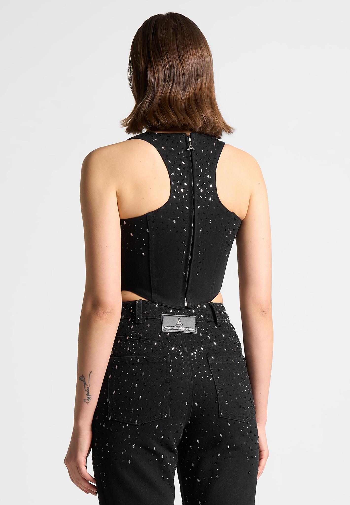 Scattered Rhinestone Denim Corset Top - Black Female Product Image