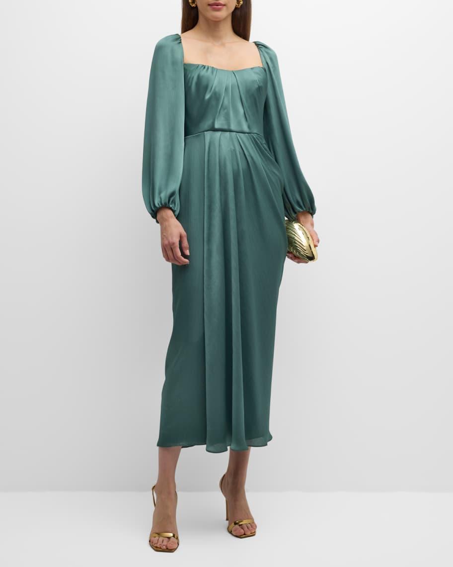 Square-Neck Long-Sleeve Draped Midi Dress Product Image