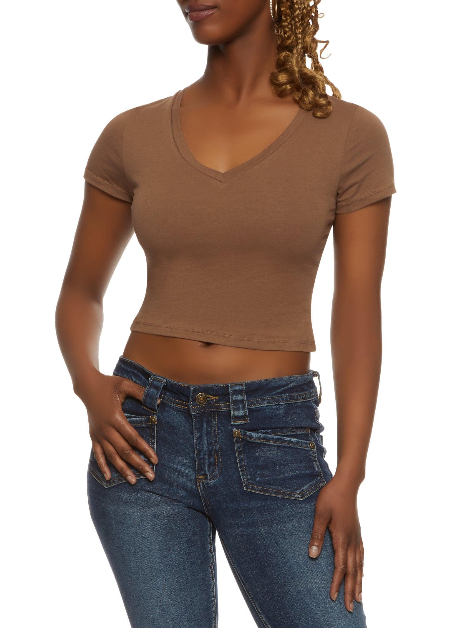 Womens Solid Cropped V Neck Tee Product Image