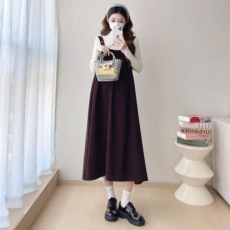 Maternity Long-Sleeve Mock Neck Plain Knit Top / Corduroy Midi A-Line Dungaree Dress / Set Product Image