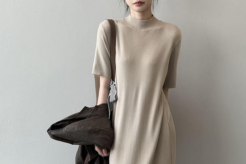 Short-Sleeve Mock Neck Plain Midi Knit Dress Product Image