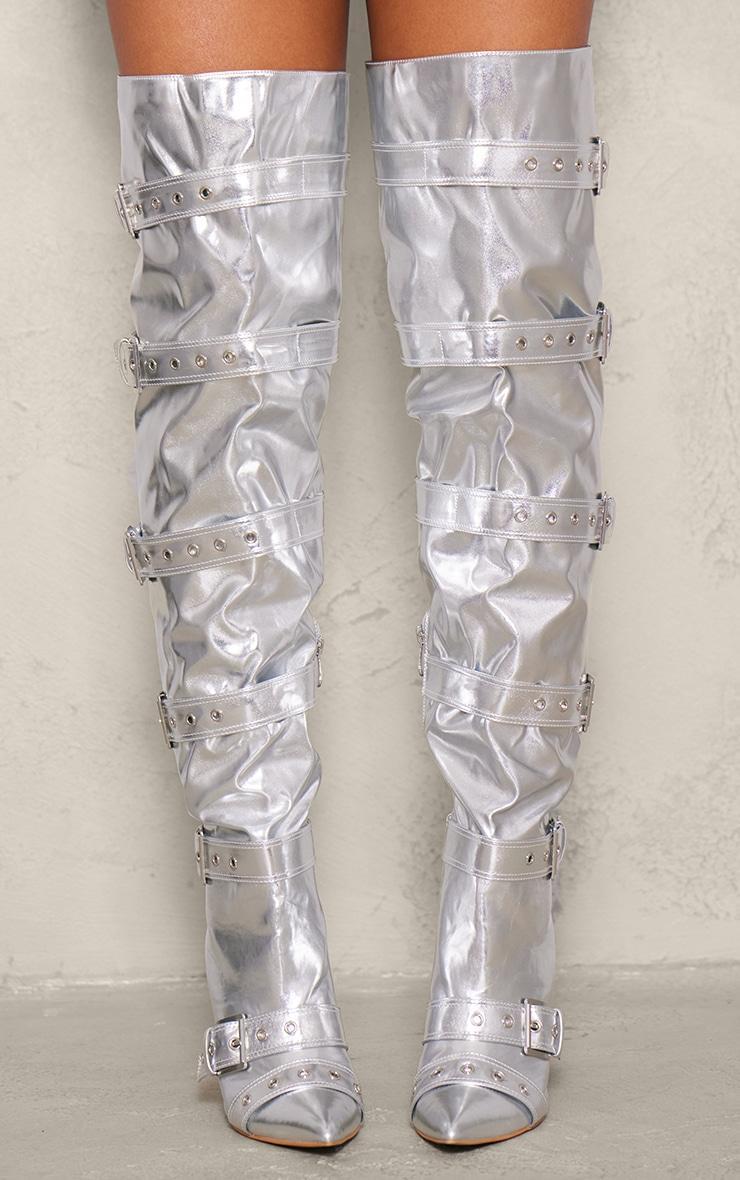 Silver Pu Point Toe Buckled Over The Knee Heeled Boots Product Image