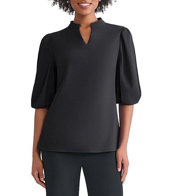 Ming Wang Stretch Crepe Split V-Neck Elbow Puff Sleeve Blouse Product Image