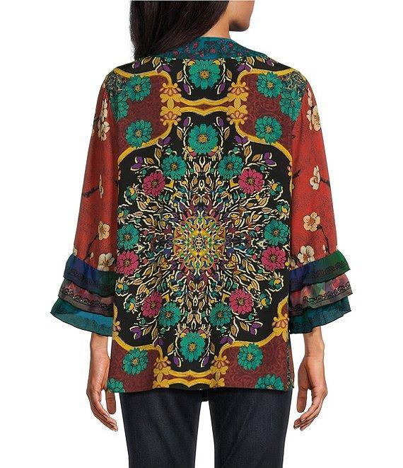 John Mark Embroidered Mixed Print 3/4 Ruffled Tiered Sleeve One Button Front Kimono Product Image
