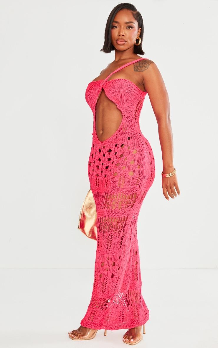 Shape Hot Pink Knit Asymmetric Cut Out Maxi Dress Product Image