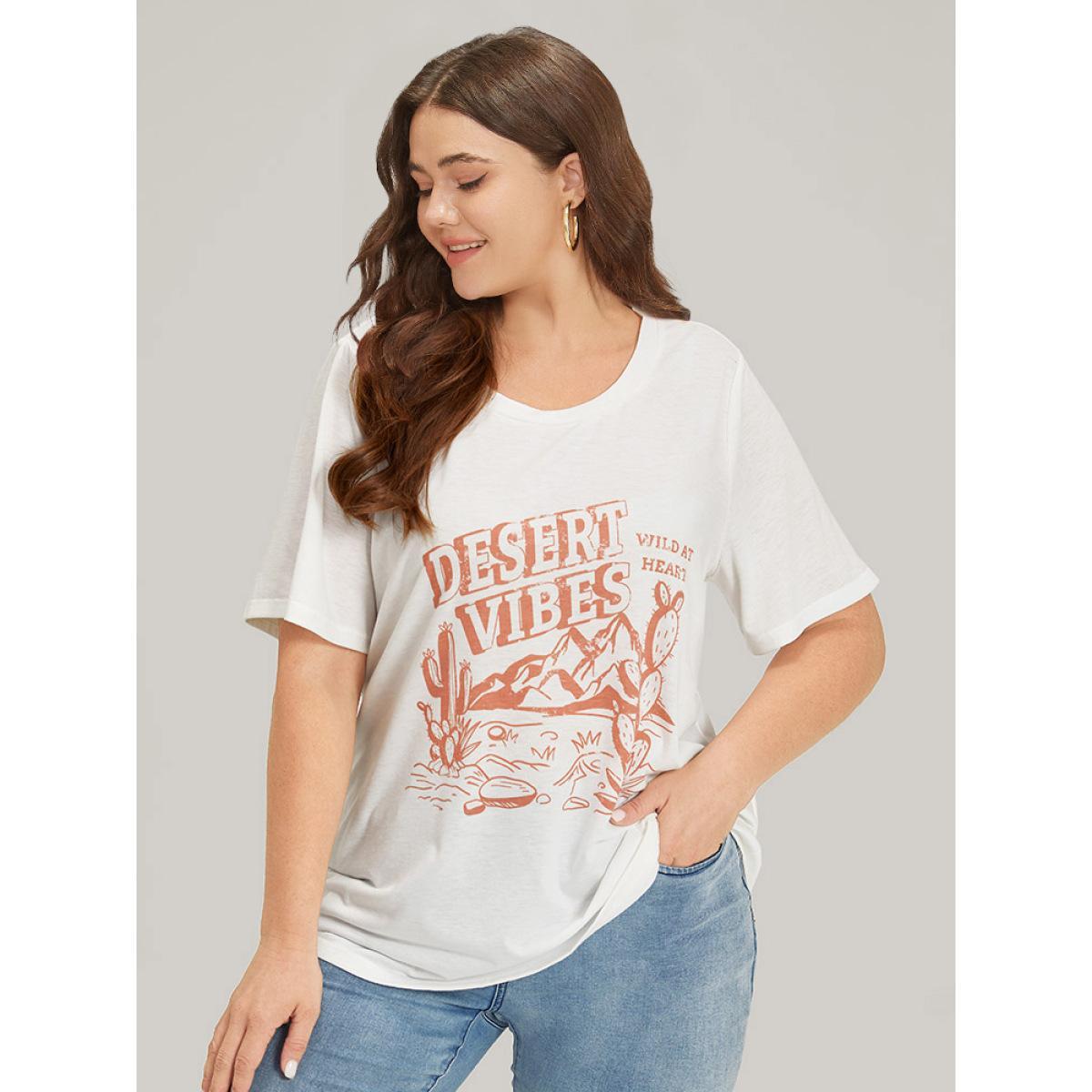 Plus Size Cactus & Letter Print Crew Neck T-shirt White Women Casual Printed Landscape Dailywear T-shirts BloomChic 28/5X Product Image