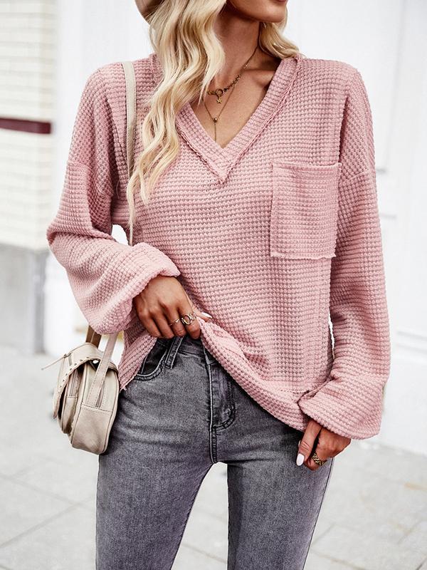 Long Sleeves Loose Elasticity Pockets Solid Color Split-Joint V-Neck T-Shirts Tops Product Image